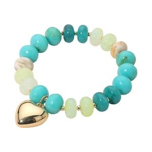 Metal Heart Charm Accent Resin Pebble Beaded Stretch Bracelet